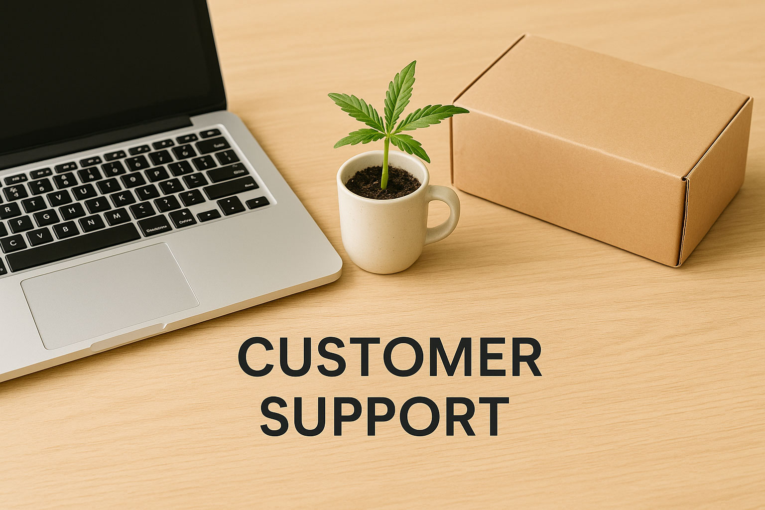 Customer support desk with laptop, shipping box, and a small plant cutting in a cup, warm approachable tone.