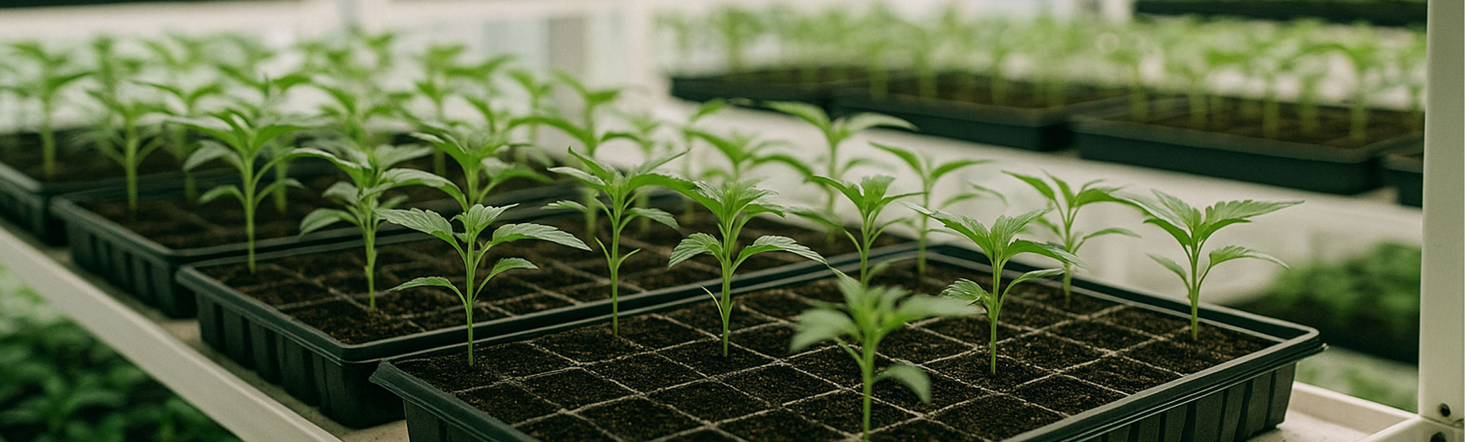 Curated lineup of distinct hemp cultivars on a stainless bench, subtle tags, shallow depth of field, modern greenhouse setting.