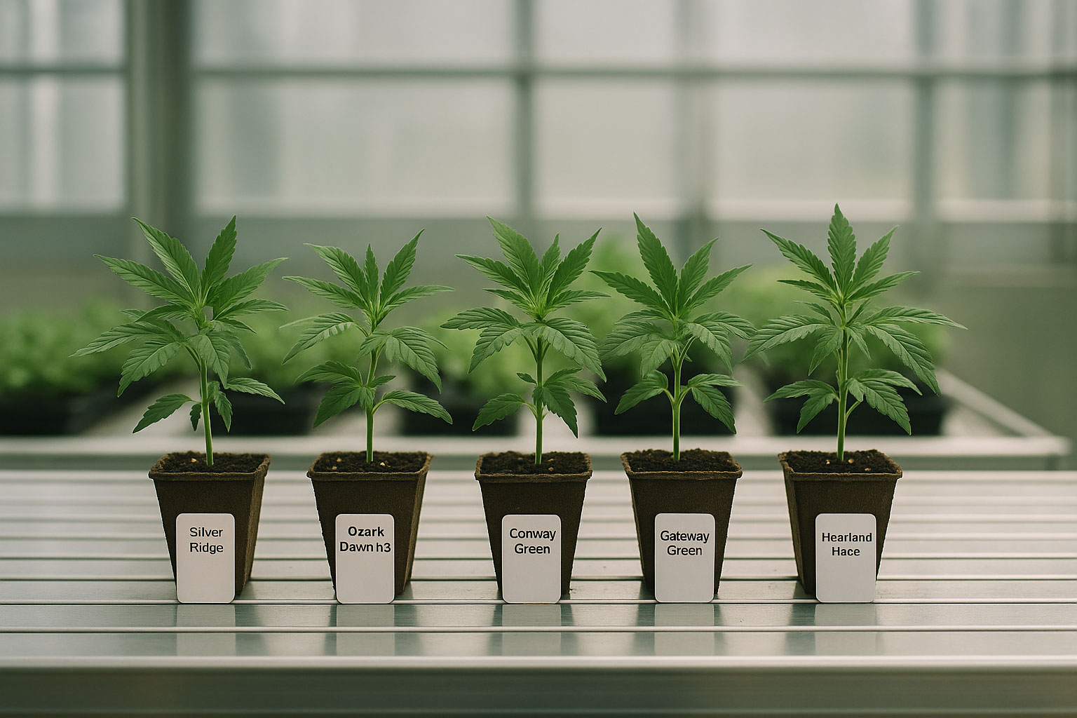 Wide hero photo of clean indoor nursery shelves with young hemp plantlets in trays, soft daylight, bright whites and greens, documentary style, no visible branding.